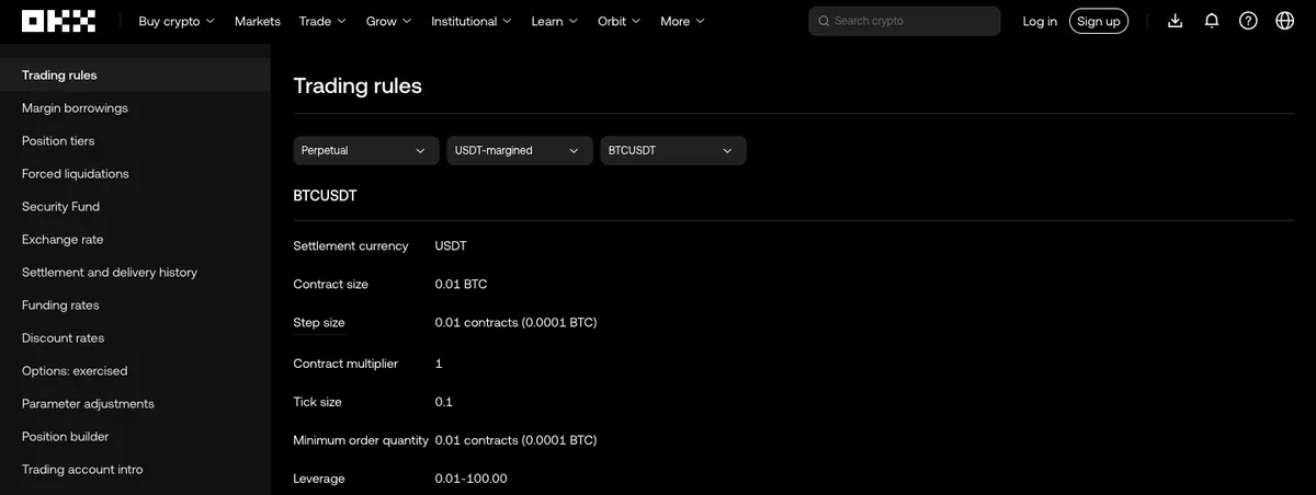 OKX Trading rules page for the BTCUSDT perpetual showing Contract size 0.01 BTC, Step size and Minimum order quantity 0.01 contracts (0.0001 BTC)