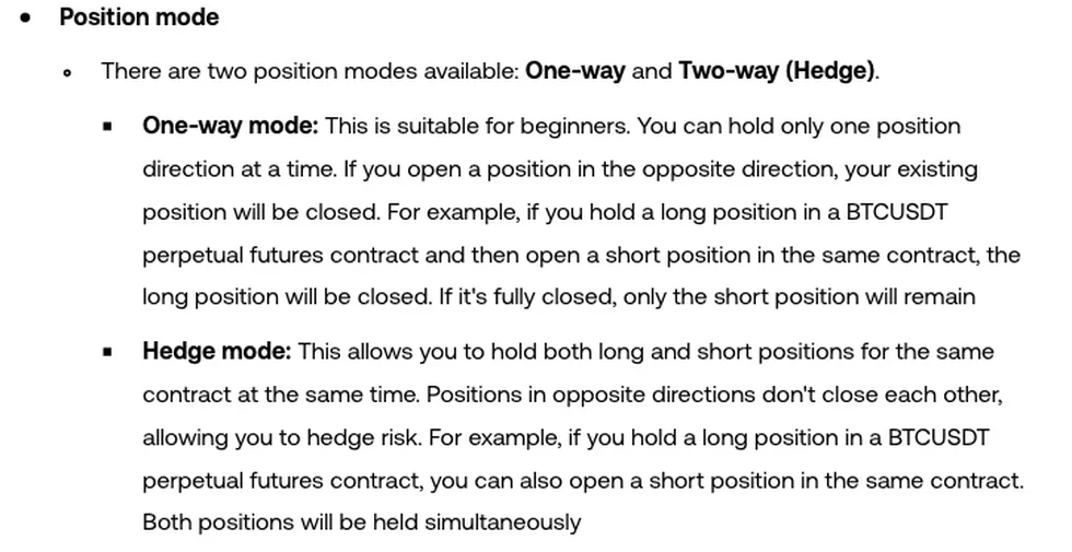 Position mode section of an OKX help center article: a line stating that two position modes are available, One-way and Two-way (Hedge), a One-way mode paragraph in which opening the opposite direction closes the existing position, with a BTCUSDT perpetual example, and a Hedge mode paragraph in which long and short positions in the same contract are held at the same time
