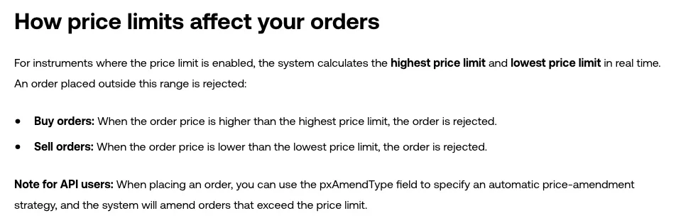 The How price limits affect your orders section of OKX's price limit rules: buy orders priced above the highest price limit and sell orders priced below the lowest price limit are rejected, with a note that API users can use the pxAmendType field to have orders amended automatically